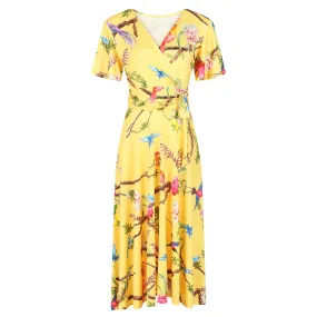 Yellow Floral Bird Cap Sleeve Crossover Wrap Swing Dress