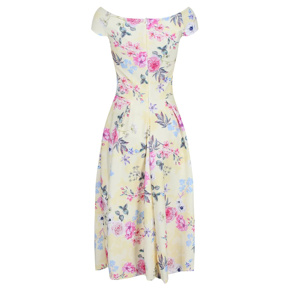 Yellow Floral Print Bardot Dress